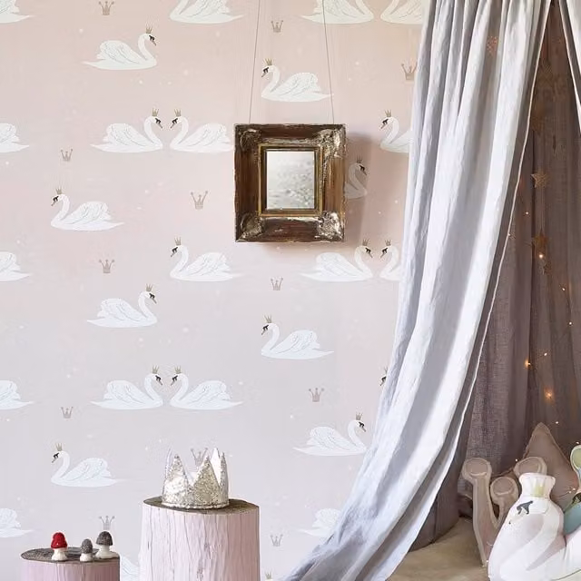 Hibou Design Swans Wallpaper in Pale Rose and Gold