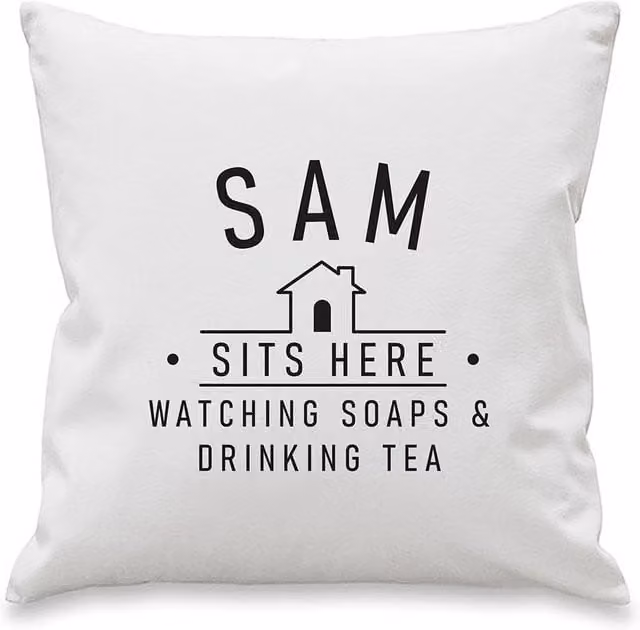 Personalised Memento Company Personalised Sits Here Cushion in White, W/D/H: 40 x 40 x 40 cm