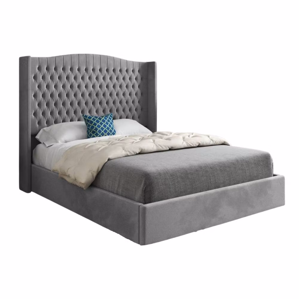 KDMD Stonegrave Winged Upholstered Designer Bed Frame in Grey Soft Velvet, Small Double, W/D/H: 120 x 200 cm – 2