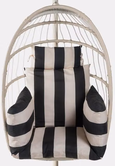 OHS Stripe Print Egg Chair Cushion with Headrest in Black and White