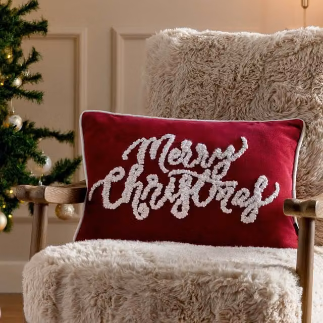 Paoletti Winter Merry Christmas Red Cotton Velvet Decorative Cushion, W/H: 50 x 35 cm