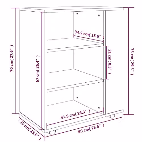 vidaXL Rolling Cabinet in Grey Sonoma, W: 60 cm, D: 35 cm, H: 75 cm, Made of Engineered Wood – 3