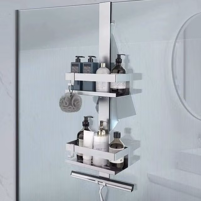 VOGREX 2 Tier Hanging Over Door Stainless Steel Bathroom Shower Caddy Rack in Silver – 1