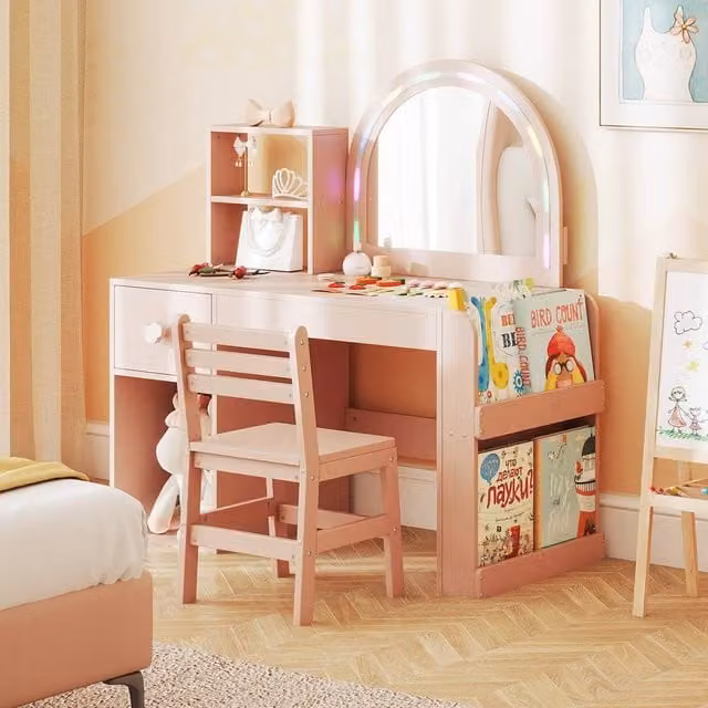Costway Kids Vanity Table and Chair Set with Lighted Mirror in Pink – 1