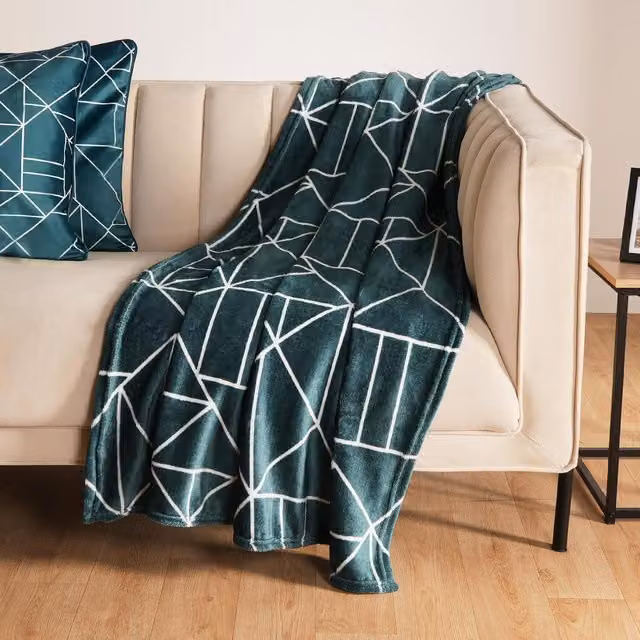 OHS Ultra Soft Geometric Print Throw in Petrol Green