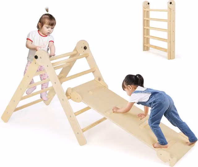 Costway 3-in-1 Triangular Climbing Toy in Natural Brown and Beige Wood