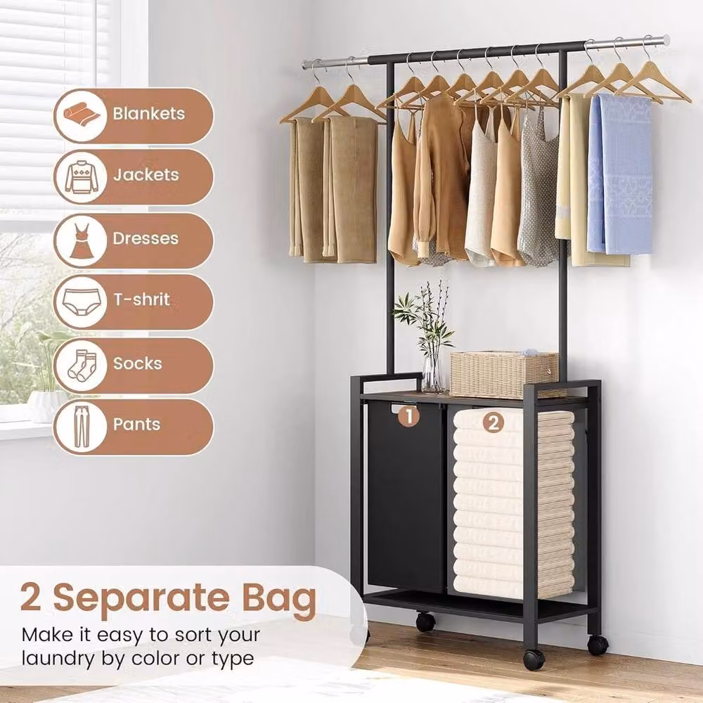 Nordara 2-Section Laundry Sorter with Hanging Bar, Removable Bags and Wheels, Black – 5
