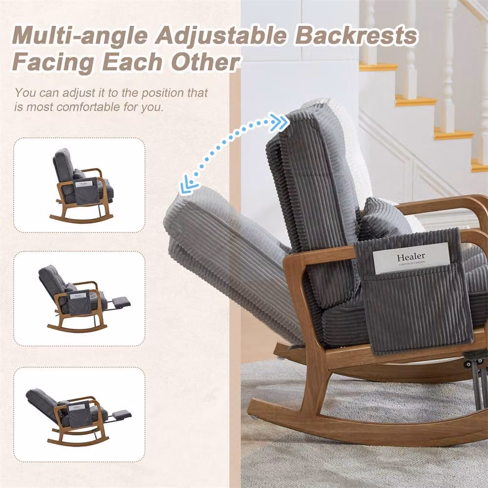 Direct Wicker Grey Corduroy Upholstered Rocker Glider Chair with Footrest and Side Pocket – 5