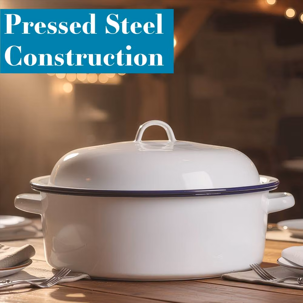 Argon Tableware White and Blue Round Enamel Steel Roasting Dish with Lid, Diameter: 30 cm – 3