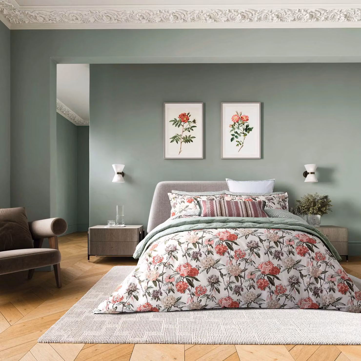 Bedeck of Belfast Elswyth Single Duvet Cover Set, Olive and Mulberry, Reversible Floral Cotton Percale – 2