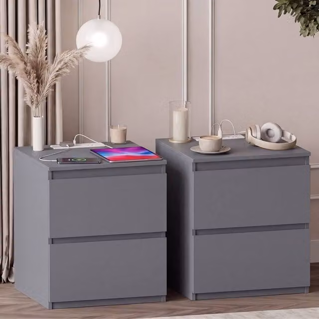 Vida Designs Denver 2 Drawer Large Bedside Chest with Power Outlet, Set of 2, Grey – 1