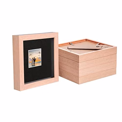 Nicola Spring 5-Pack Light Brown Wooden 3D Box Photo Frames with Black Mount, W/D/H: 15.24 x 15.24 x 8.89 cm