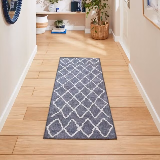 Terrys Blue Checked Modern Flat Weave Polyester Rectangular Living Room Rug