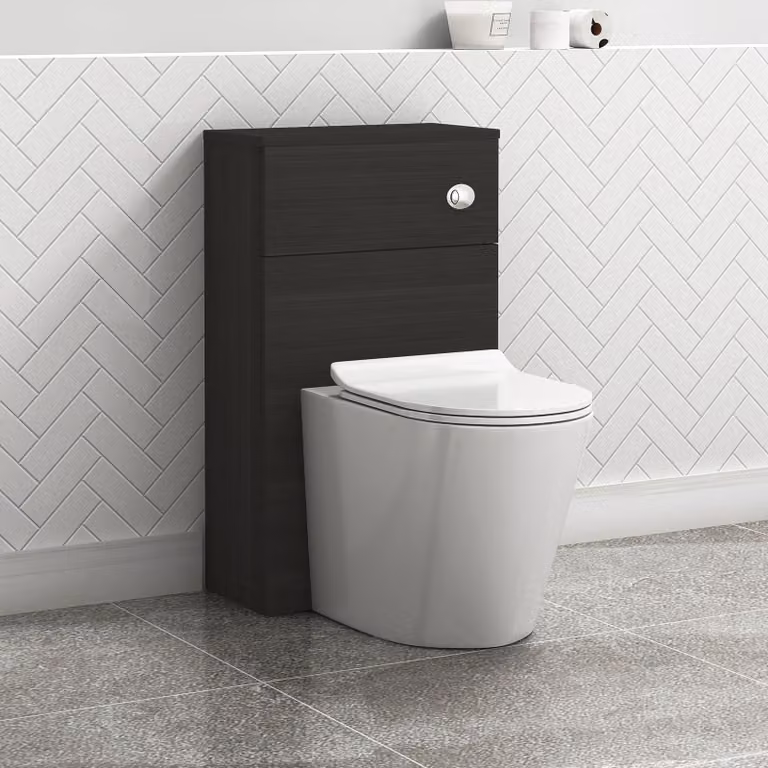 Royal Bathrooms Charcoal Oak 500mm Wall Mounted WC Toilet Unit with Cesar Rimless BTW Pan, Soft Close Seat and Cistern