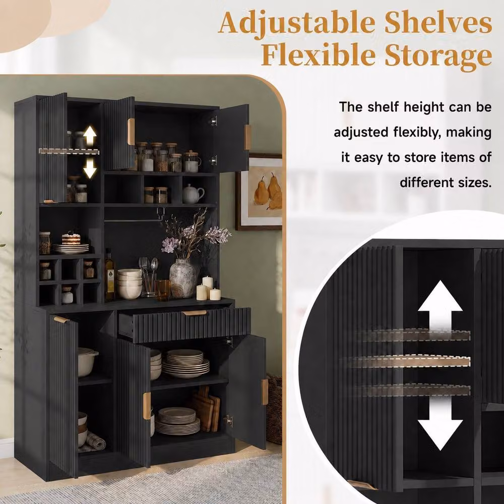 Merax Modern Tall Kitchen Pantry Cabinet with Power Outlets and Wine Storage, Black, H: 175 cm, W: 40 cm, D: 100 cm – 5