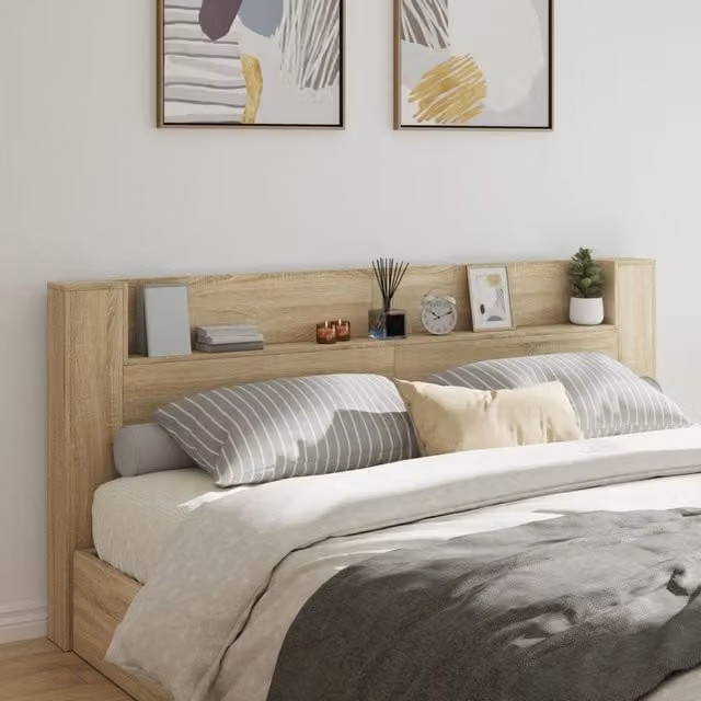 Berkfield Home LED Headboard Cabinet in Sonoma Oak Brown, W: 220 cm, D: 16.5 cm, H: 103.5 cm – 1