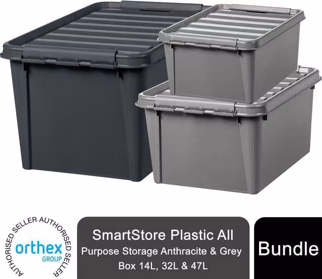 SmartStore 3 Pack Stackable Plastic All Purpose Storage Boxes with Lids, Grey, 14L, 32L and 47L