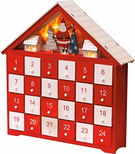 St Helens Home & Garden Wooden Advent Calendar with 24 Drawers and Lights in Red and White – 7