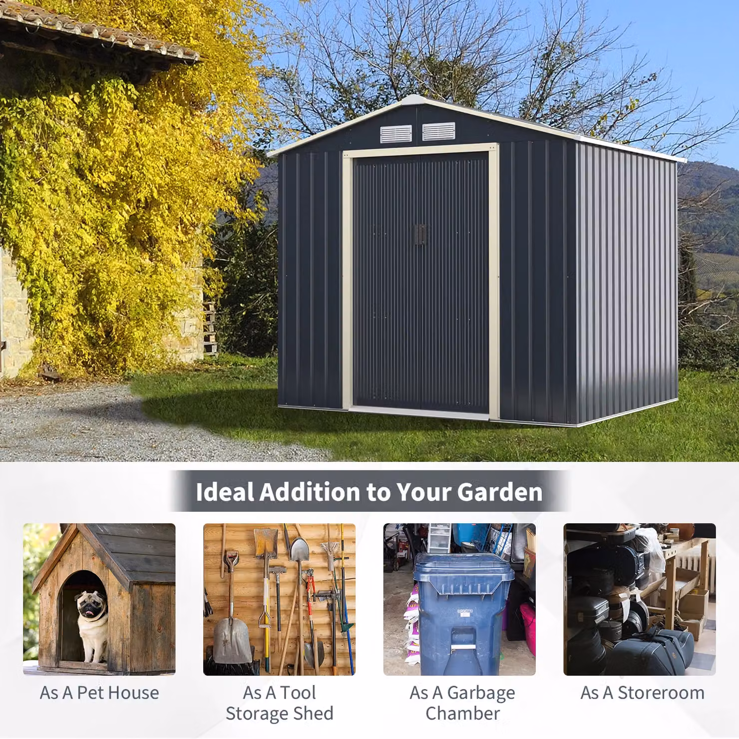 Costway Metal Storage Shed and Extension Kit in Grey with Lockable Sliding Doors and Side Vent – 5