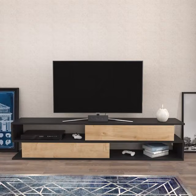Decorotika Cortez Modern Geometric TV Unit in Anthracite and Turquoise Matt Wood Finish, Width: 160 cm