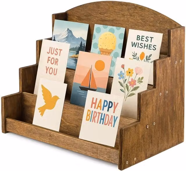 SPETLEK 4-Tier Rustic Brown Wooden Greeting Card Display Stand for Tabletop Use