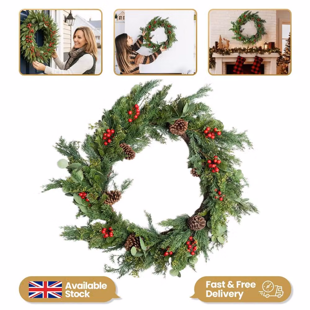 Shatchi Christmas Wreath with Red Berries and Pinecones in Green, Diameter: 90 cm – 2
