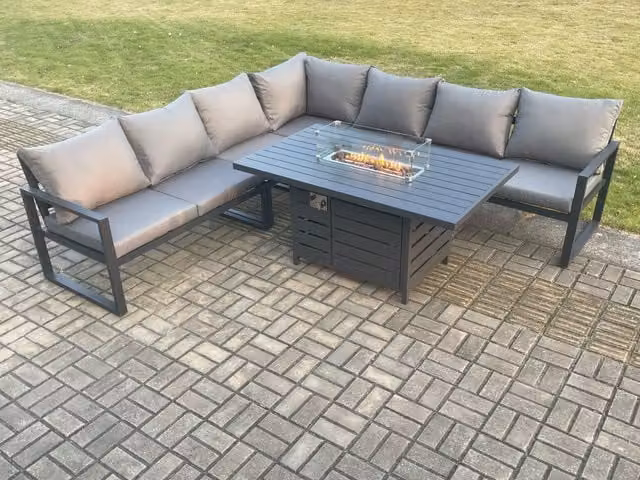 Fimous 6 Piece Aluminium Garden Corner Sofa Set with Cushions and Gas Fire Pit Dining Table in Dark Grey