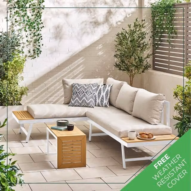 FurnitureboxUK Modular Outdoor Sofa Lounger in Riviera Grey with 2 Seats, Table and White Weatherproof Cushions