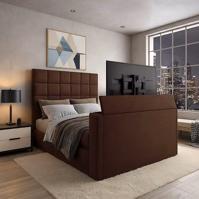 Paradise Beds Ltd Royal Upholstered Dream Sleep TV Bed with Ottoman Lift Storage in Brown, W/D/H: 120 x 200 cm