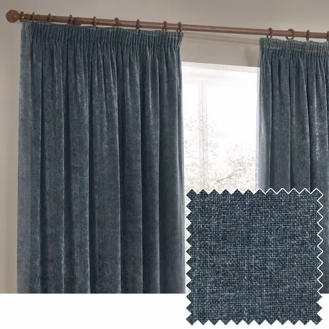Make It A Home Blue Chenille Velvet Pencil Pleat Curtains, W: 137 cm, H: 229 cm