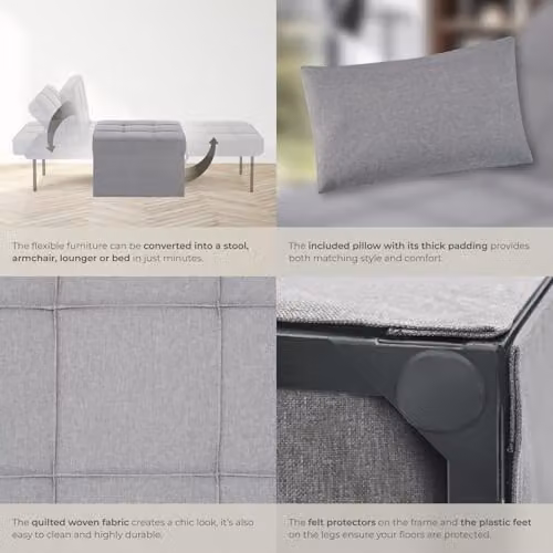 tectake 4-in-1 Folding Chair, Day Bed, Lounger and Footstool with Metal Frame and Foam Padding in Grey – 5
