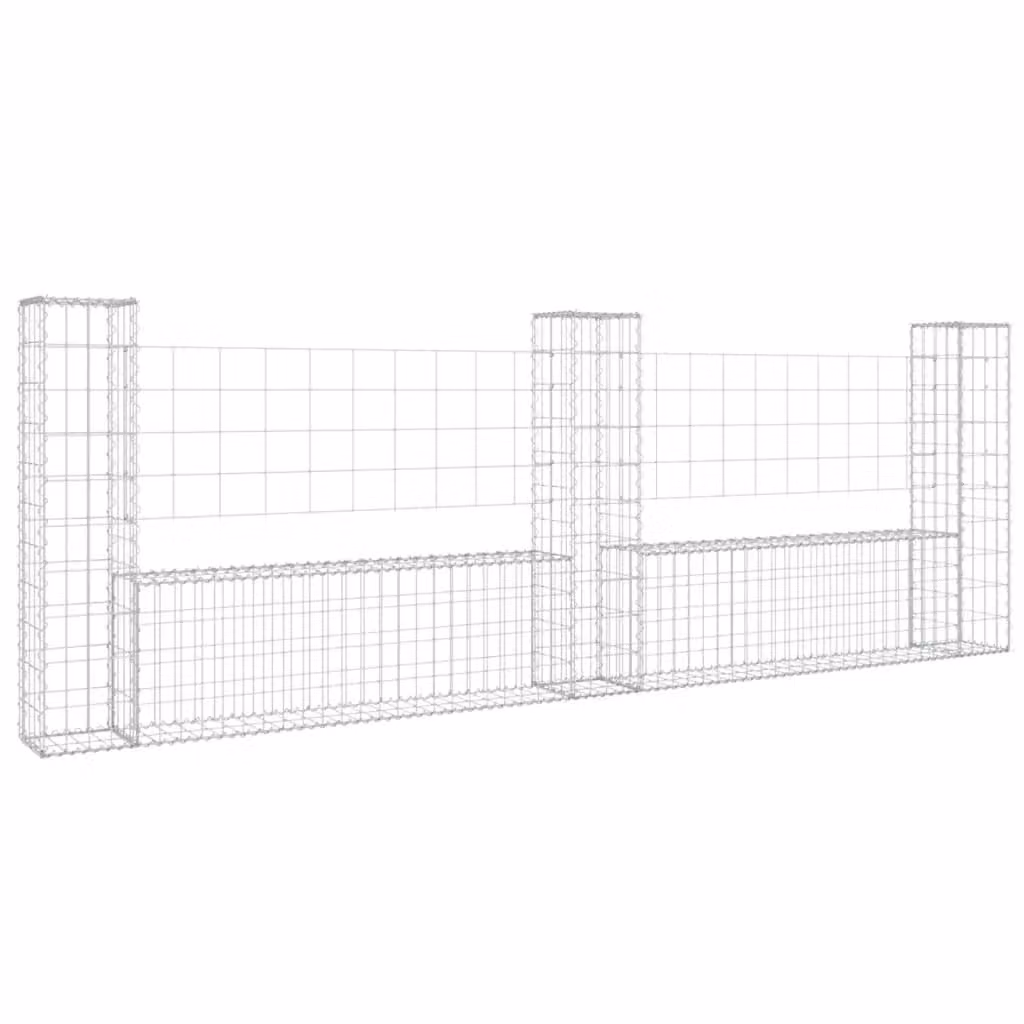 Berkfield Home U-shape Iron Gabion Basket with 3 Posts, Silver, W: 260 cm, D: 20 cm, H: 100 cm – 2
