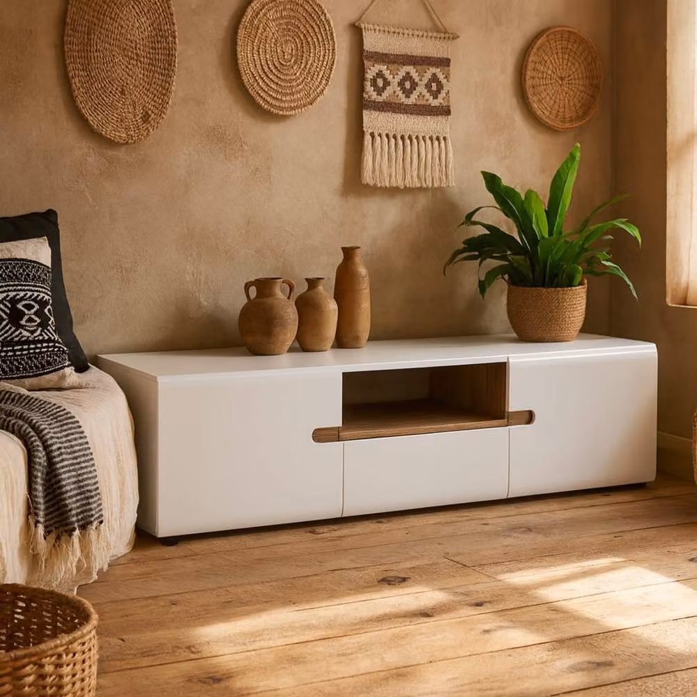 Wyld Haus Foxwhisk Wide TV Media Unit in White and Truffle Oak, W/D/H: 120 x 40 x 45.5 cm – 2