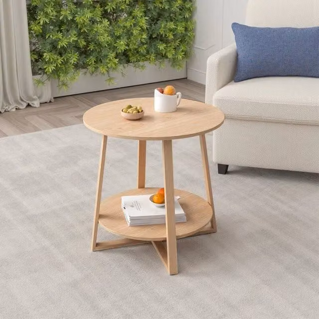 KORVIXA 2 Tier Round Wood Side Table in Beige, W/D/H: 50 x 50 x 50 cm