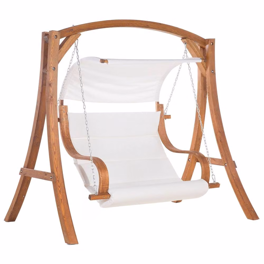 Wyld Haus Everwood 2-Seater Garden Swing with Sun Canopy in Larch Wood and White and Brown Fabric – 2