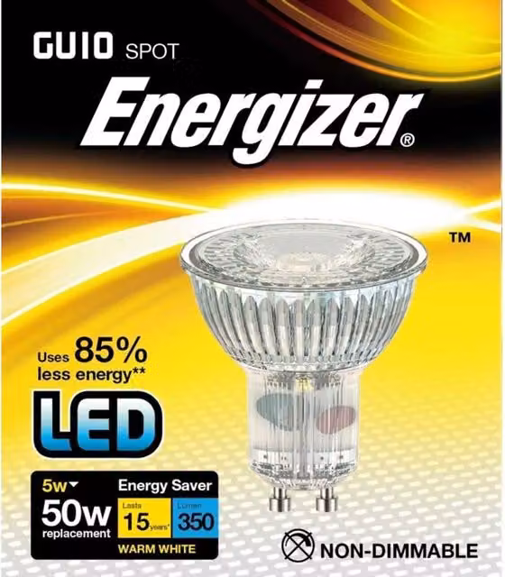 Energizer LED GU10 5W 350lm Warm White Light Bulb, Silver