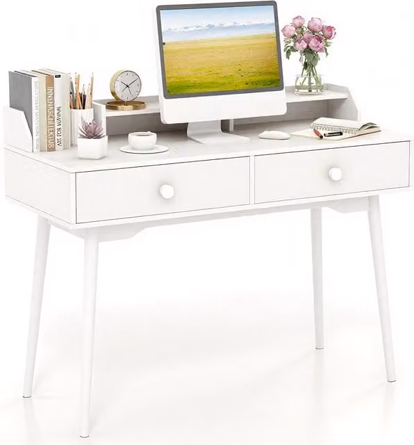 Gymax White Rubberwood Computer Desk and Modern Wooden Study Table for Home Office – 1