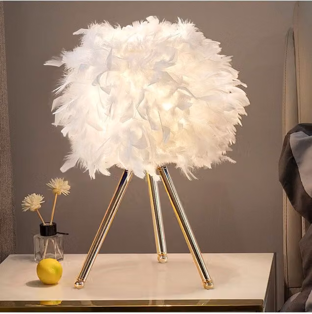 Living and Home White Feather Tripod Table Lamp with Gold Metal Base – 1