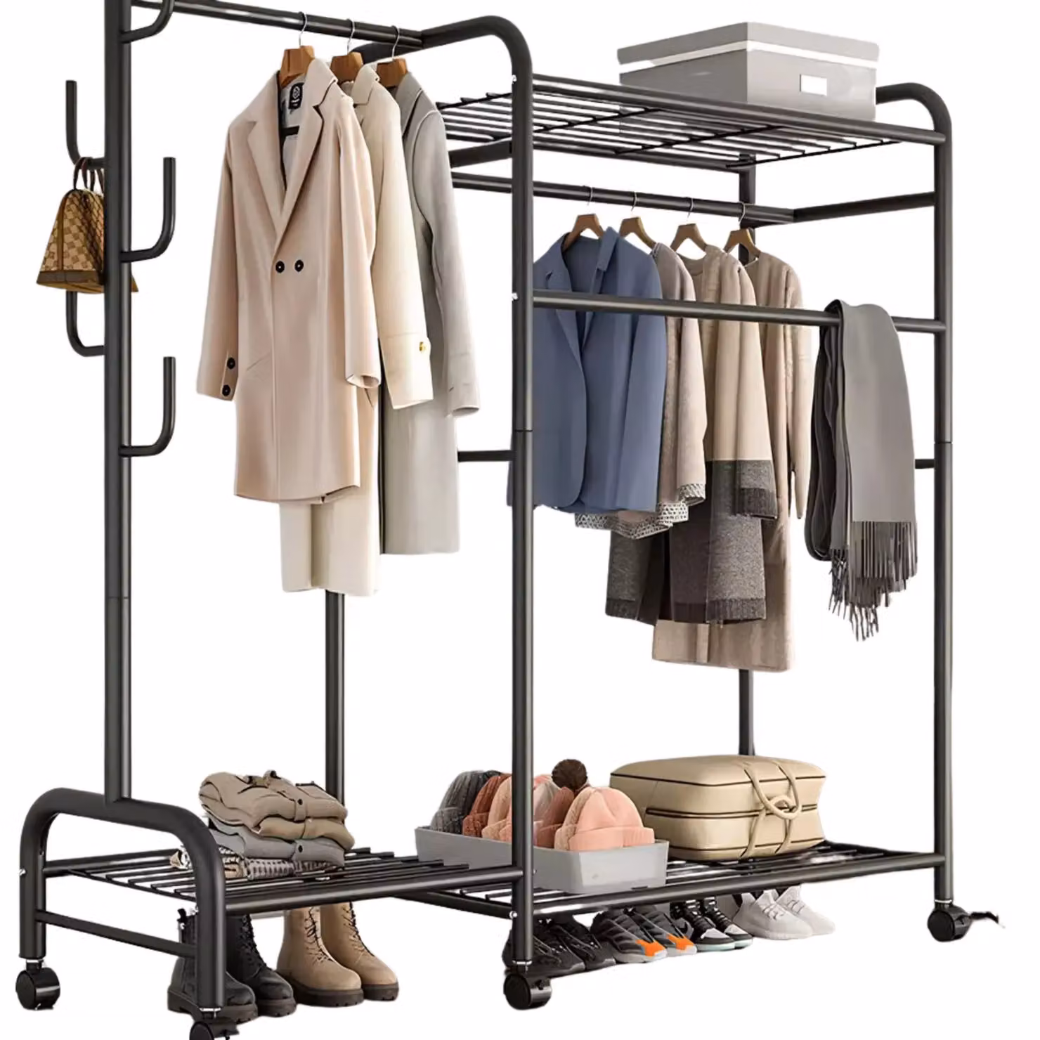 Rafaelo Mobilia Heavy Duty Metal Clothes Rail and Open Wardrobe with Storage Shelves in Matt Black – 3