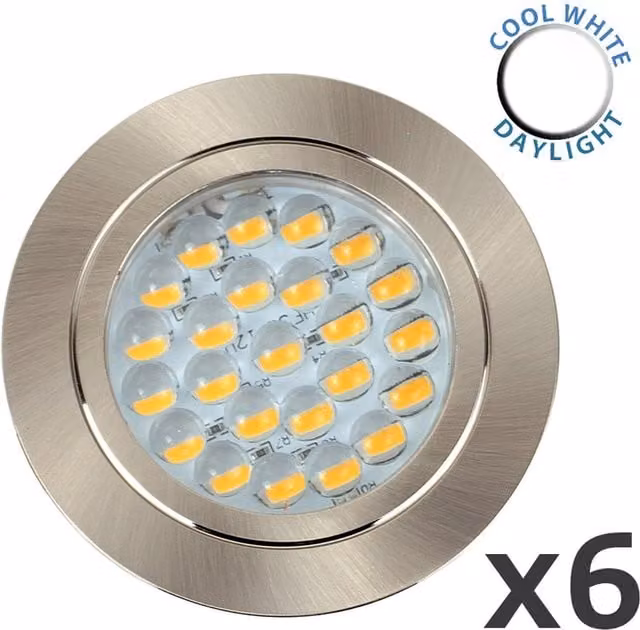 ValueLights 6 Pack Silver Recessed LED Downlight Caravan Fixed Light Fitting with Cool White Bulbs