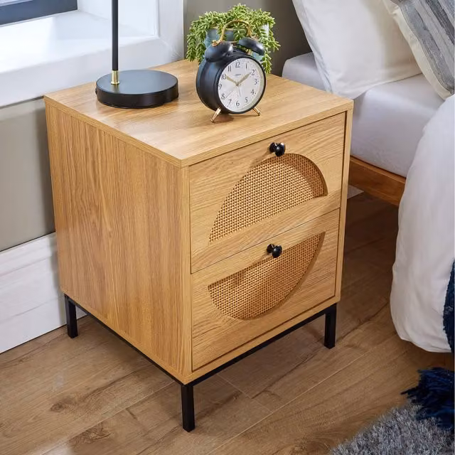 Home Source Chatteris 2 Drawer Bedside Table in Natural Wood and Rattan