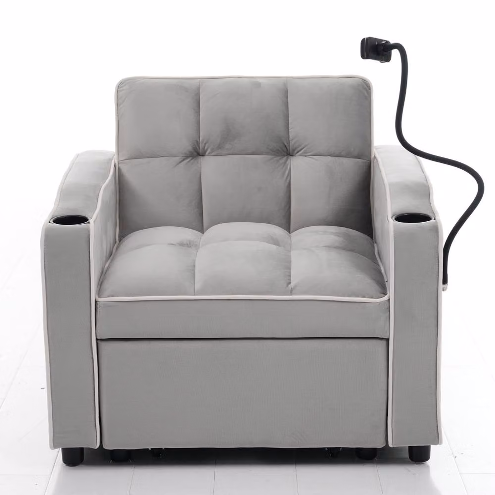 Merax Grey Velvet Convertible Sleeper Chair with Phone Holder and 2 Cup Holders – 4