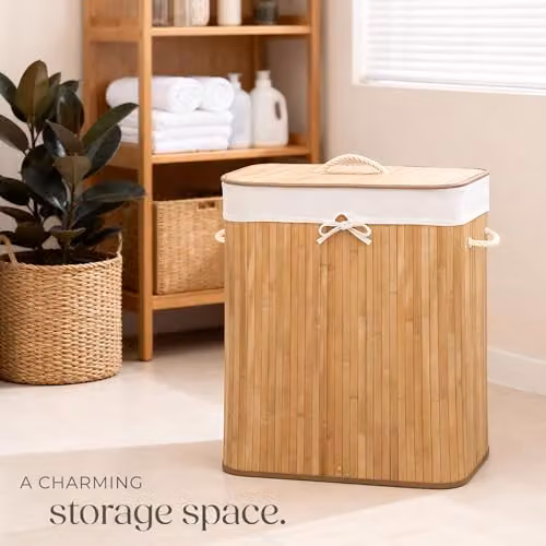 tectake 100L Bamboo Laundry Basket with Lid and Removable Washable Bag, Beige – 4