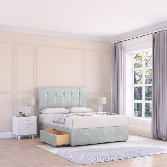 Sloomy Highbury Upholstered Divan Bed Base with 2 Drawers and Floor Standing Headboard, Silver, W/D/H: 120 x 200 cm