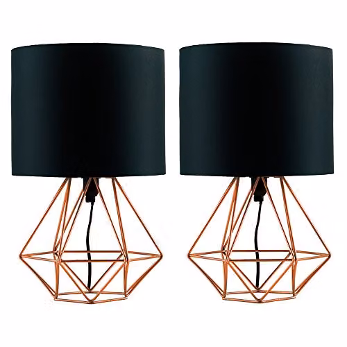 MiniSun Pair of Modern Copper Metal Basket Cage Table Lamps with Black Fabric Shades – 1