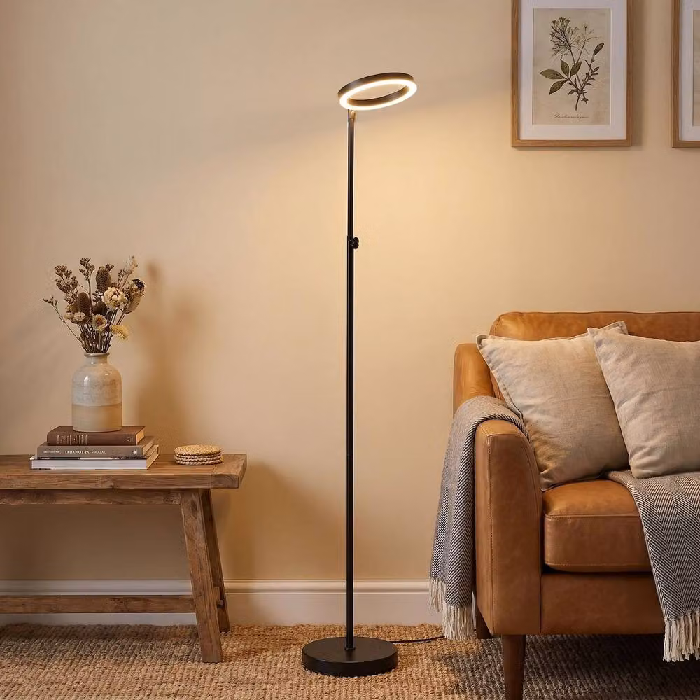 Happy Homewares Modern LED Halo Ring Floor Lamp in Black with CCT Dimmer and Adjustable Light – 3