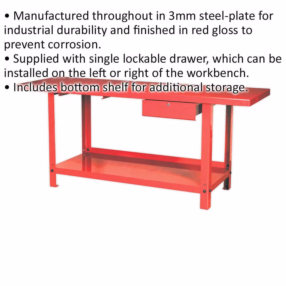 Loops Red Steel Workbench with Locked Drawer and Bottom Shelf Storage, W: 200 cm, D: 65 cm, H: 86.5 cm – 2