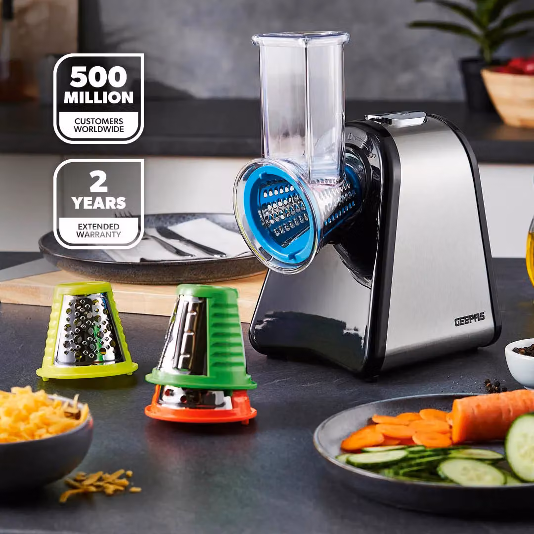 Geepas 4-in-1 Electric Salad Maker Slicer Fruit Cutter and Vegetable Grater and Chopper in Silver – 1