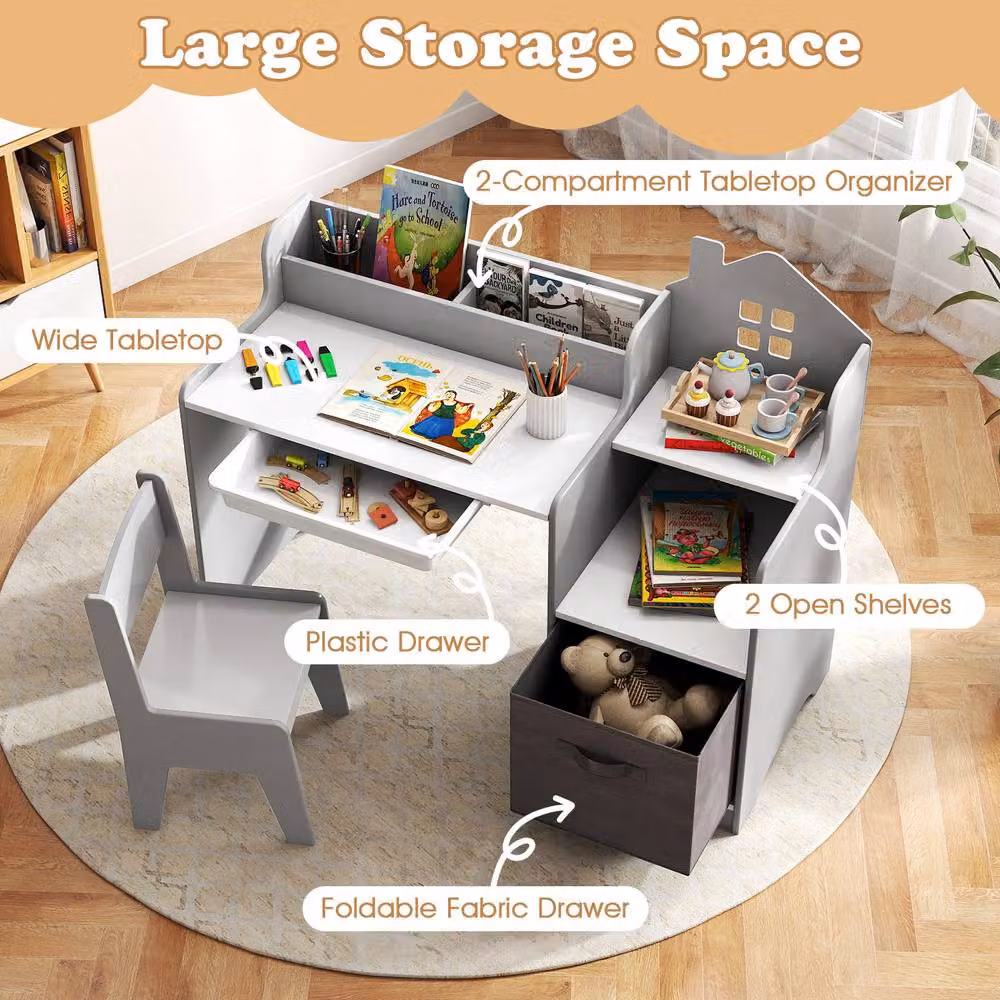 Costway Kids Study Desk and Chair Set with Shelves in Grey Wood – 4