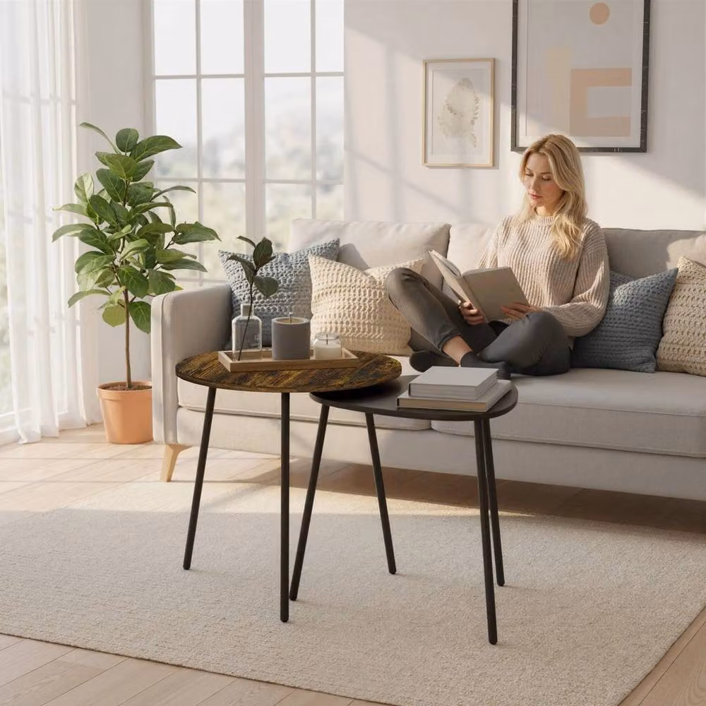Havendro Nest of 2 Round Nesting Side Tables in Rustic Brown and Black with MDF and Metal Construction – 4